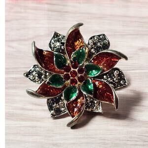 Red Green Enamel Rhinestone Flower Brooch Silver Tone 80s Holiday Pin